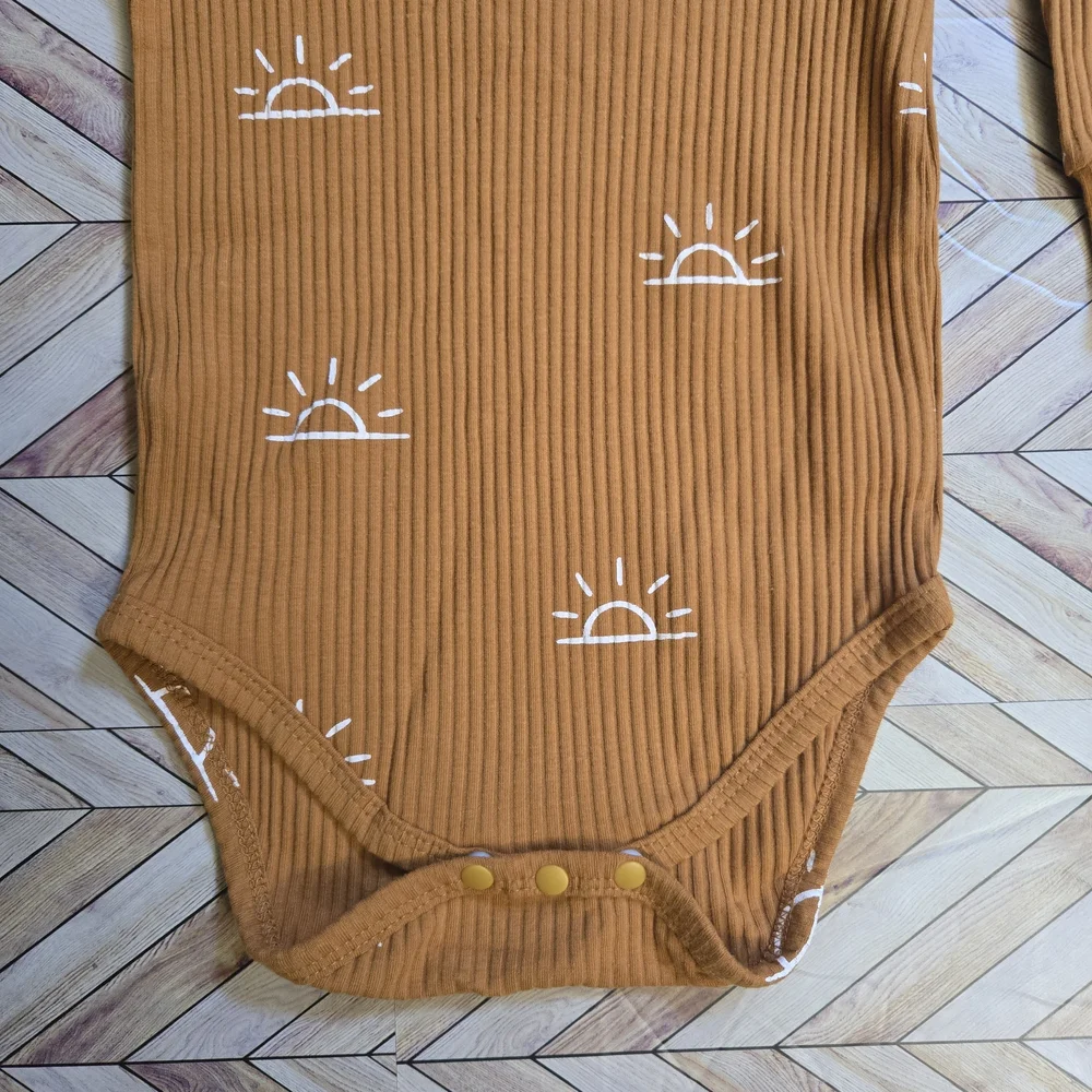 Baby Boy Girl Sun Print Ribbed Long Sleeve Onesie Pants Beanie Lounge Set 12-18M